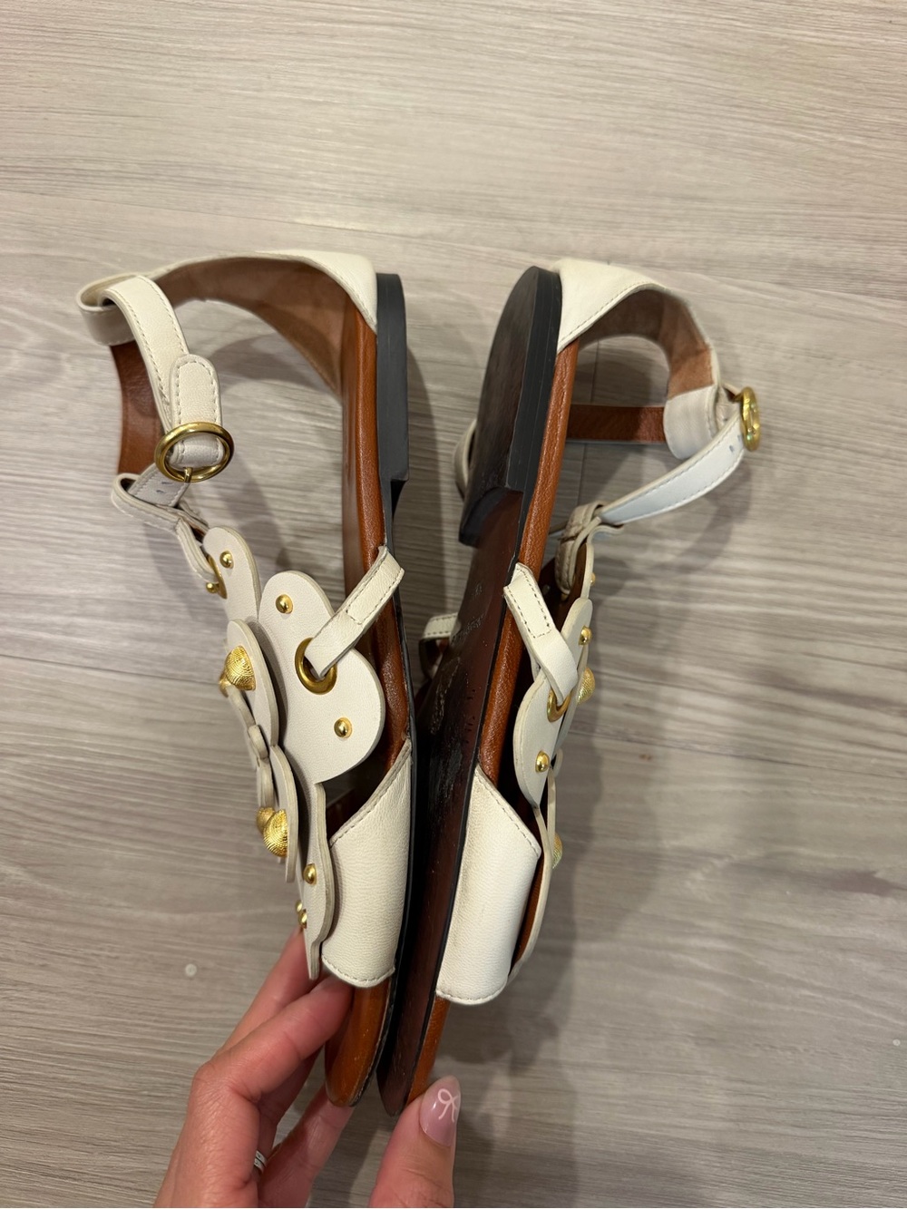 See By Chloe White Floral Leather Ankle-Strap Sandals with Gold Accents - Picture 7 of 11
